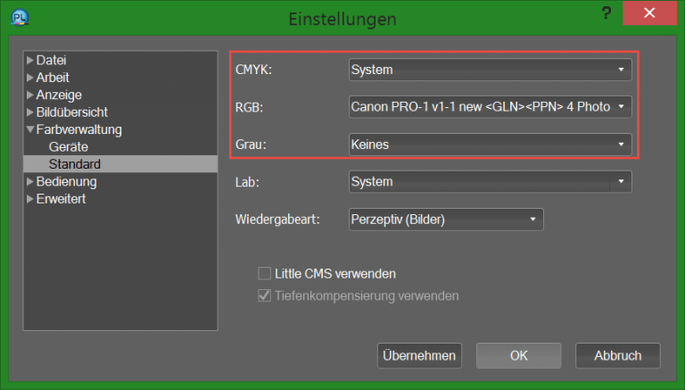 05 PhotoLine Bearbeiten Einstellungen Farbverwaltung Standard