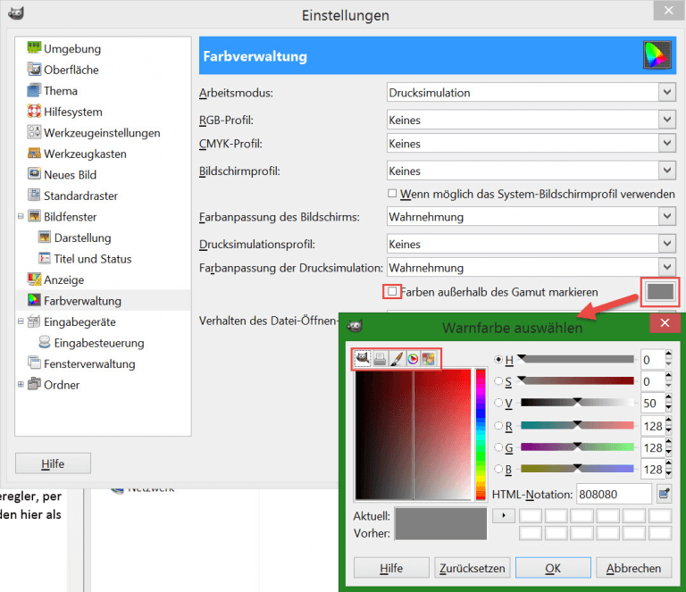 08 Gimp Farbverwaltung Warnfarben auswaehlen