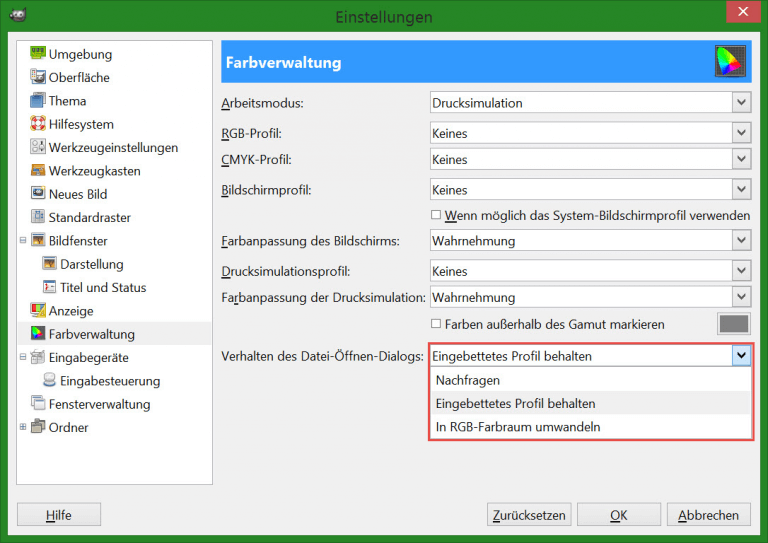 09 Gimp Farbverwaltung Verhalten des Datei Oeffnen Dialogs