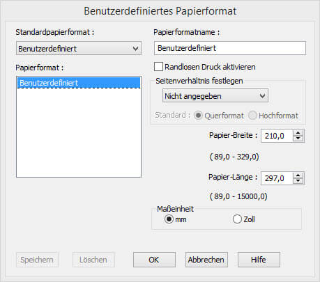 Benutzerdefiniertes Papierformat Benutzerdefiniertes Papierformat