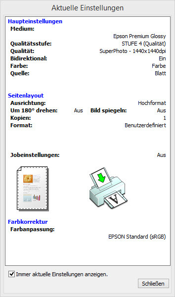 EPSON SC-P600/Aktuelle Einstellung EPSON SC-P600/Aktuelle Einstellung