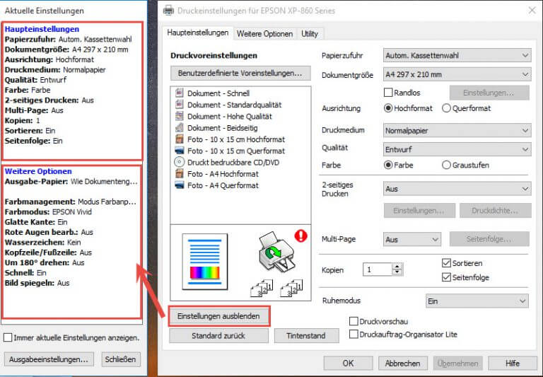 Epson Expression Photo XP860 Guide durch den Druckertreiber